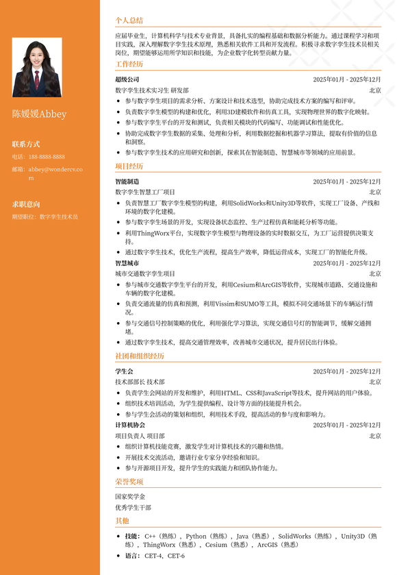 2025数字孪生技术员入门简历模板