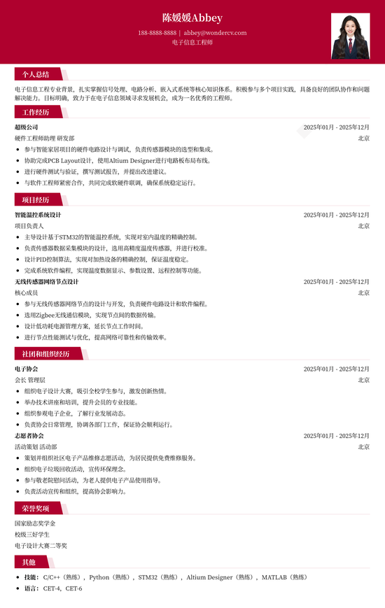 电子信息工程专业简历范例、模板和制作技巧