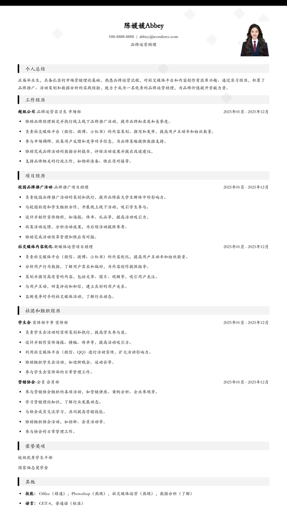 2025品牌运营助理简历模板