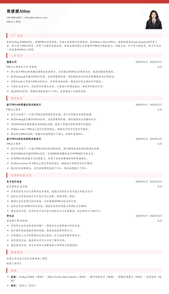 2025FPGA工程师校招入门简历模板
