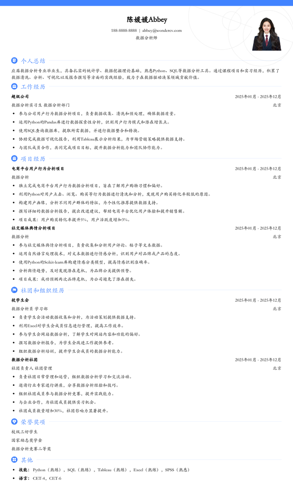 2025数据分析师初级简历模板