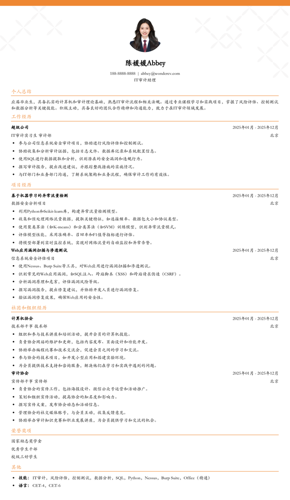 2025IT审计助理初级简历模板