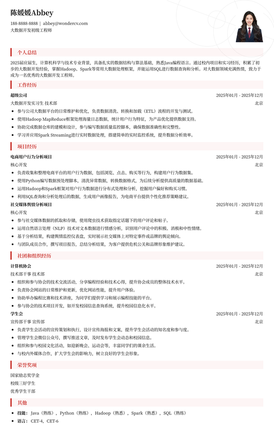 大数据开发工程师简历范例、模板和撰写指南