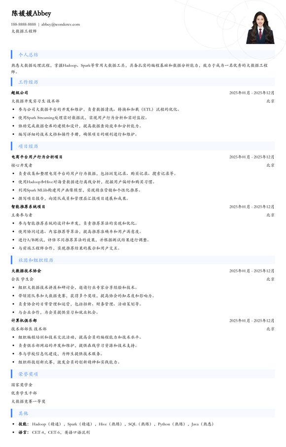 2025大数据方向应届生简历模板