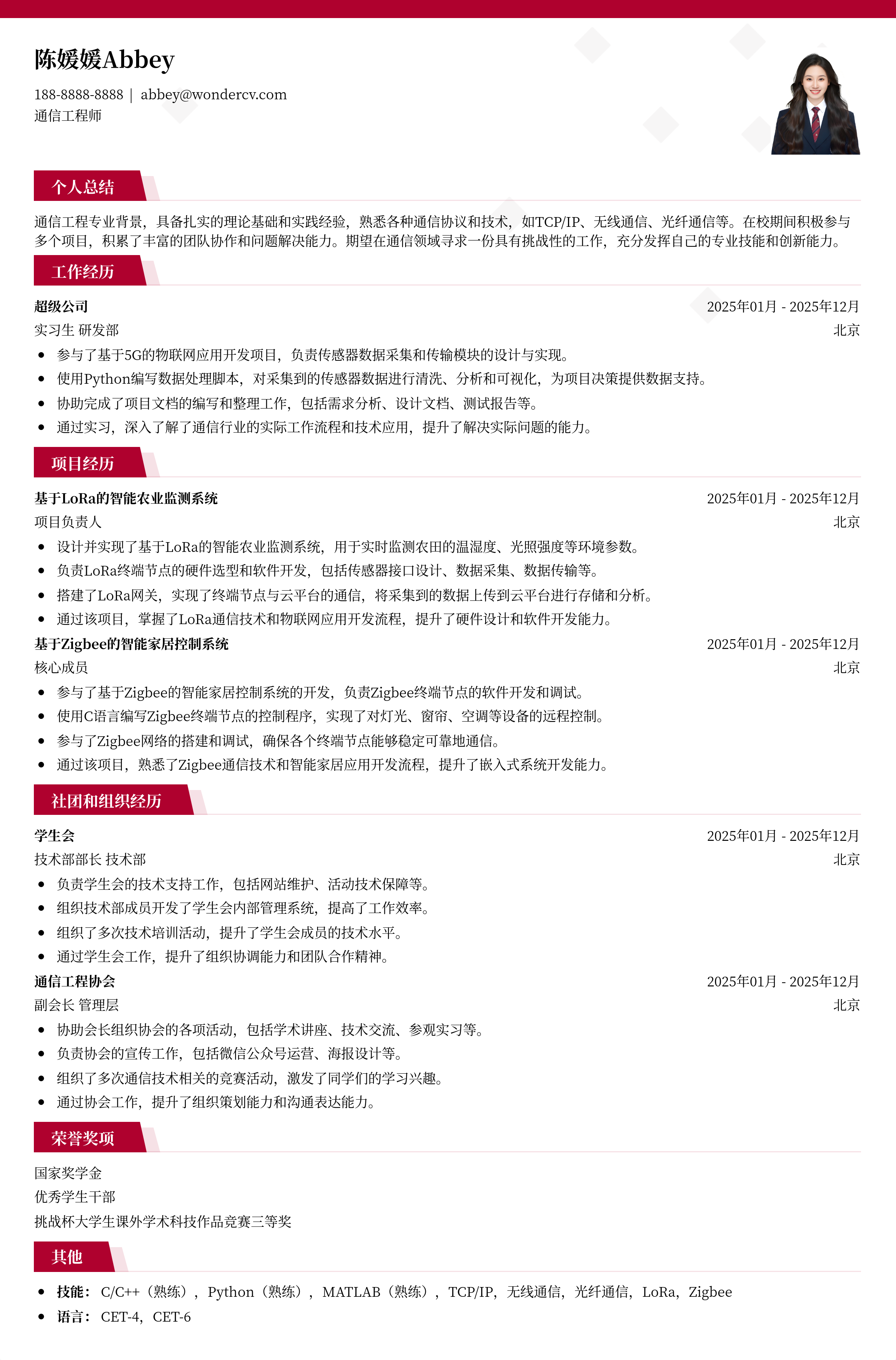 2025通信工程应届生简历模板